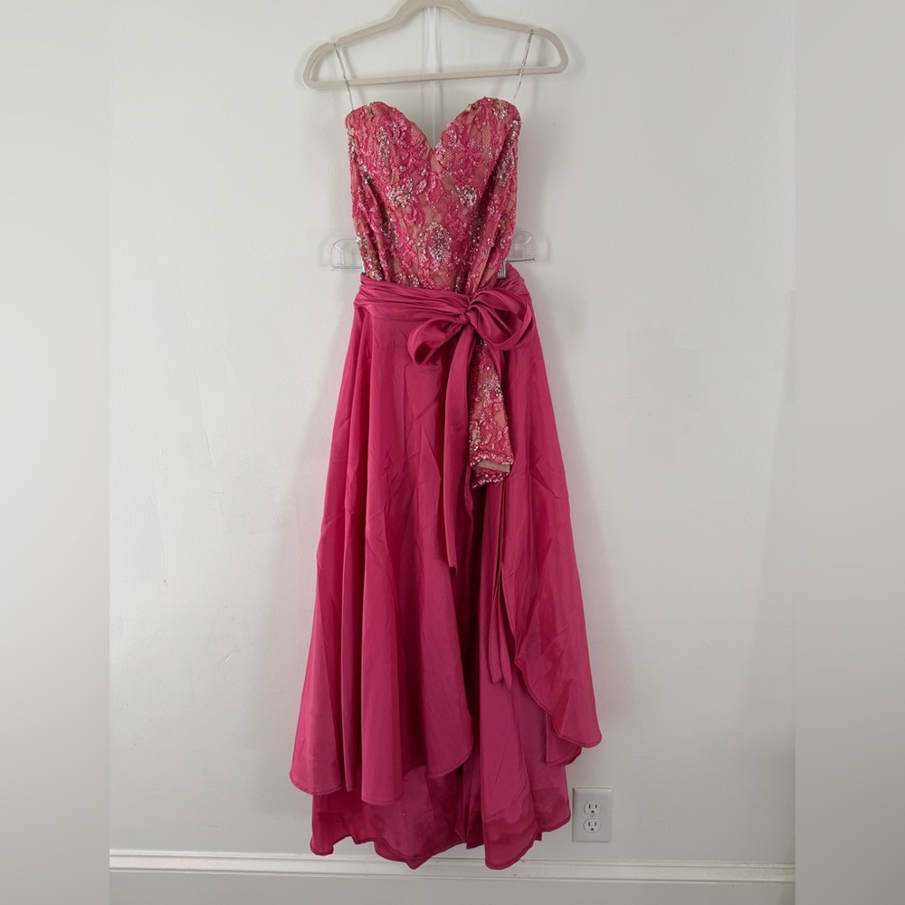 Sherri Hill Pink Sequin Strapless Mini Dress w/ Skirt Transition Evening Gown 6